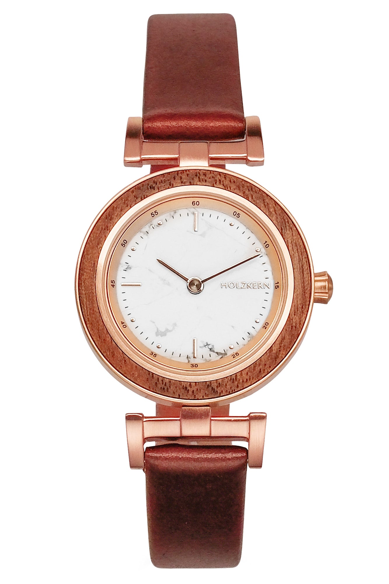 Holzkern Ida Damenarmbanduhr Roségold • Marmorzifferblatt • Walnussholz-Lünette