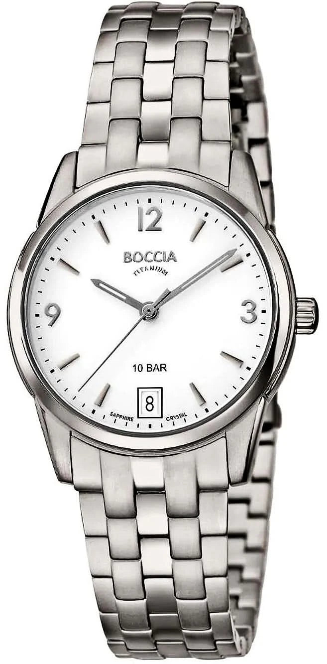 "Reloj de mujer con correa redonda de acero inoxidable plateado y esfera blanca con índices"