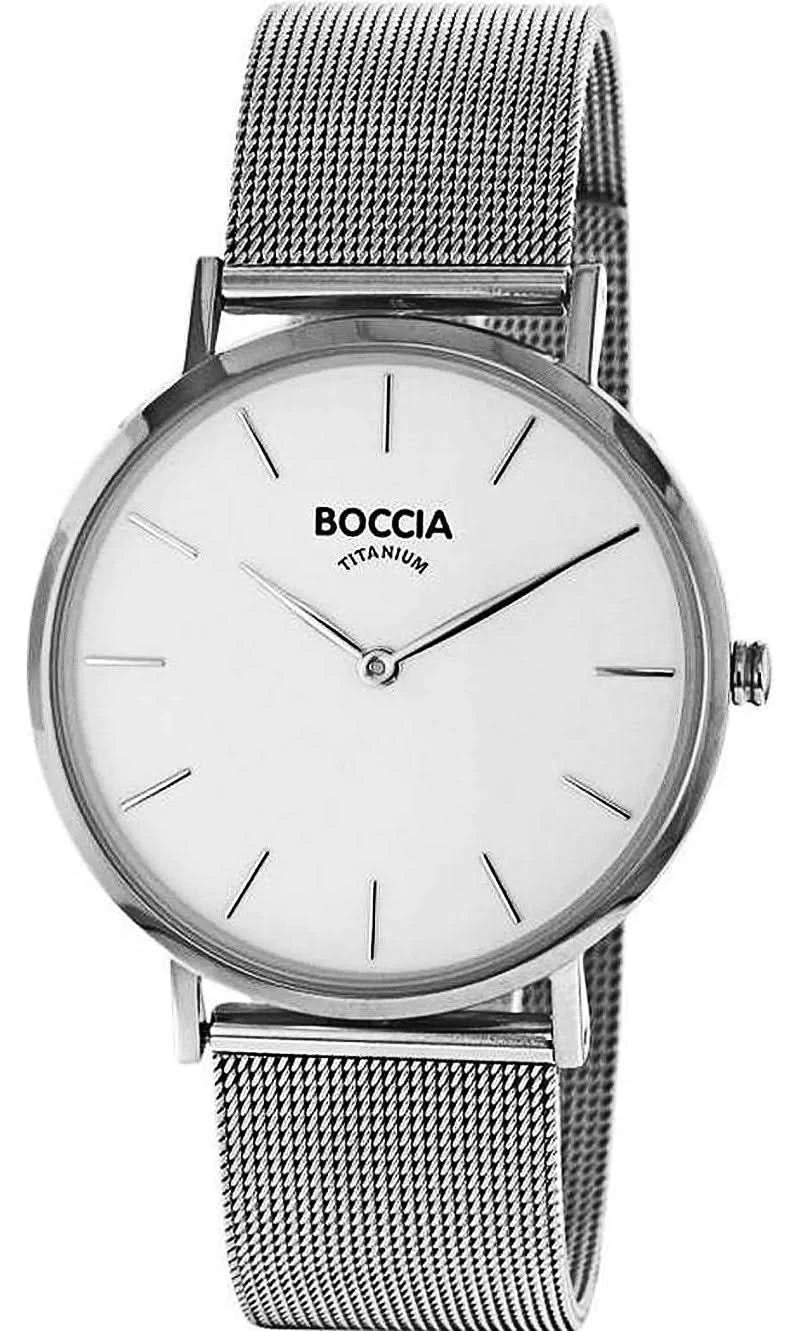 Reloj Boccia con correa de malla metálica y esfera blanca, forma de caja redonda