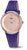 "Reloj de mujer con correa de cuero morada, caja redonda plateada y esfera rosa"