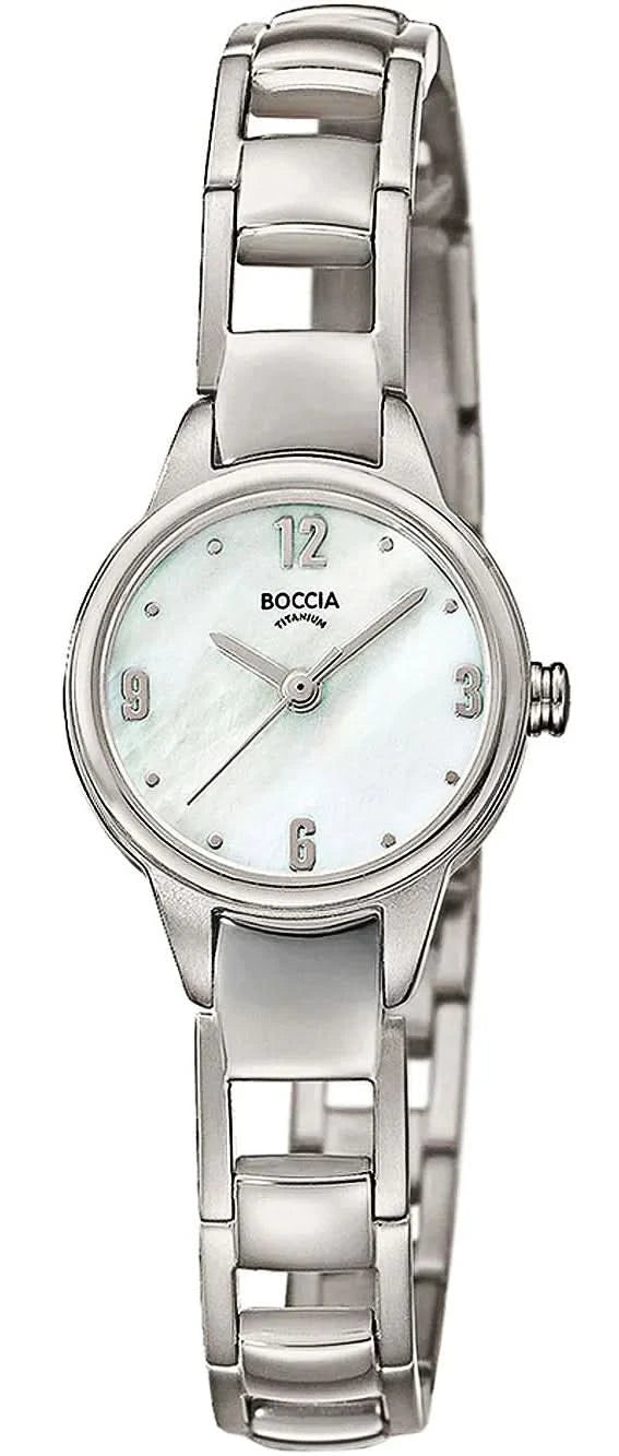 Boccia - Reloj de mujer con esfera redonda blanca y brazalete de metal plateado