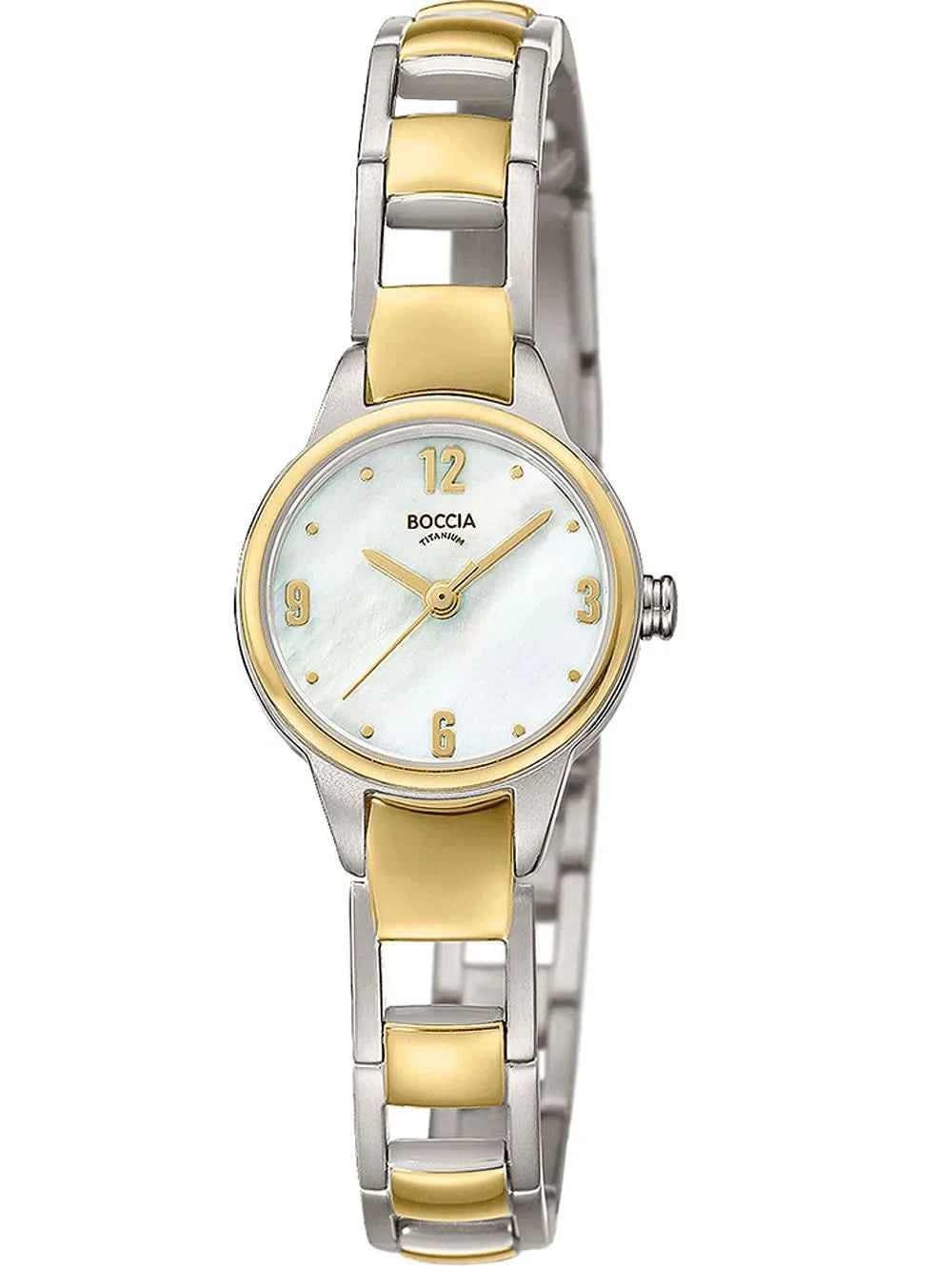 Reloj de pulsera Boccia para mujer con correa metálica bicolor, esfera redonda y detalles dorados