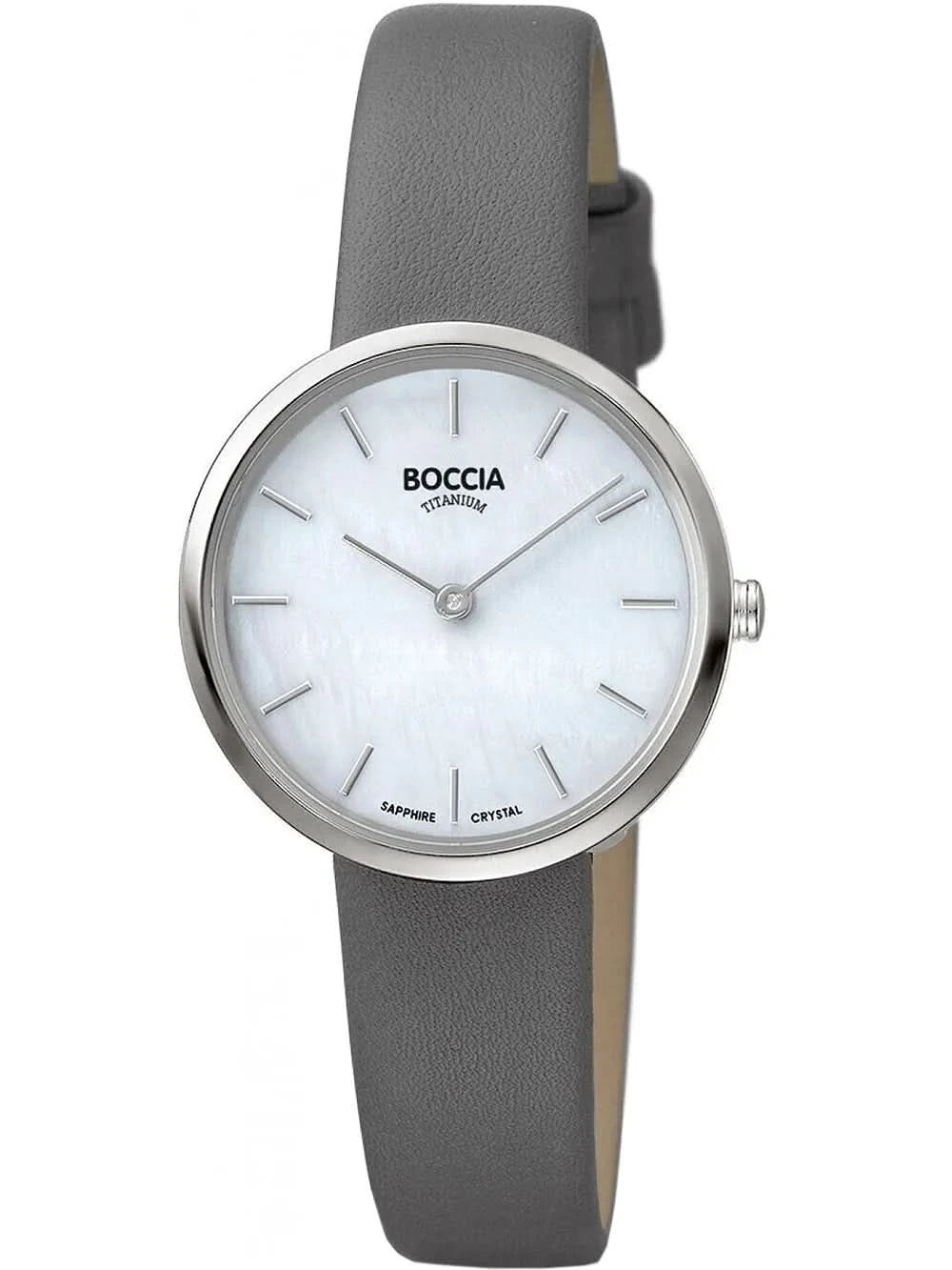 Boccia - Reloj de mujer con correa de cuero gris y esfera redonda blanca, caja plateada