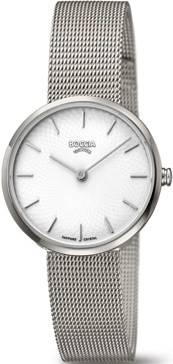 "Reloj de mujer con correa de malla metálica plateada, esfera redonda blanca BOCCIA"