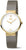 "Reloj de mujer con correa de metal plateado, caja dorada y esfera blanca"