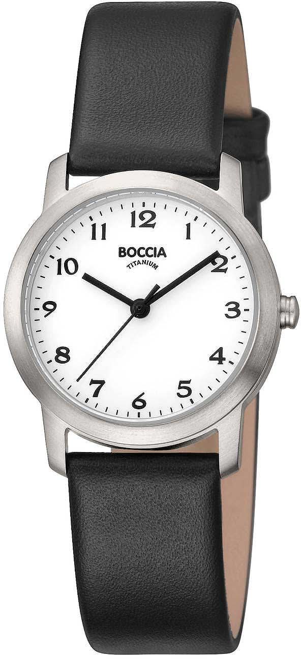 Reloj de pulsera para mujer Boccia con correa de cuero negra y caja plateada