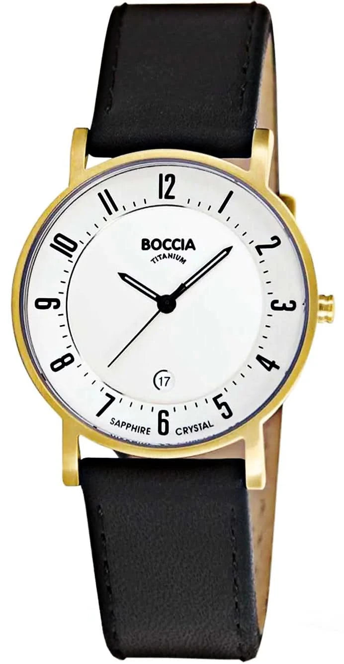 Boccia - Reloj de mujer con correa de cuero negra, caja dorada y esfera blanca