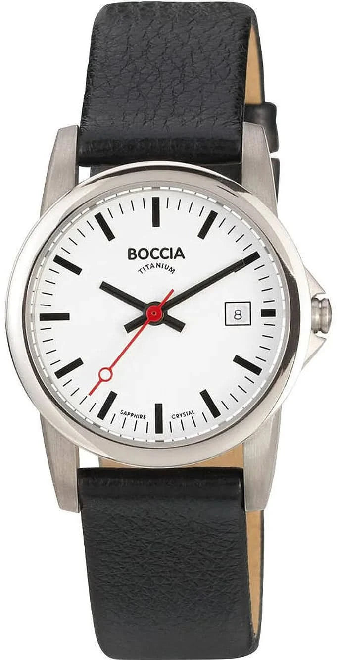 Reloj de mujer Boccia con correa de cuero negra, esfera blanca, manecillas rojas, indicador de fecha