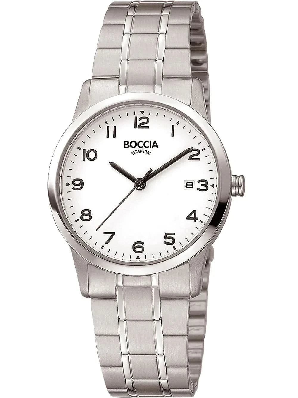 Brazalete Boccia con correa de metal plateado y esfera blanca
