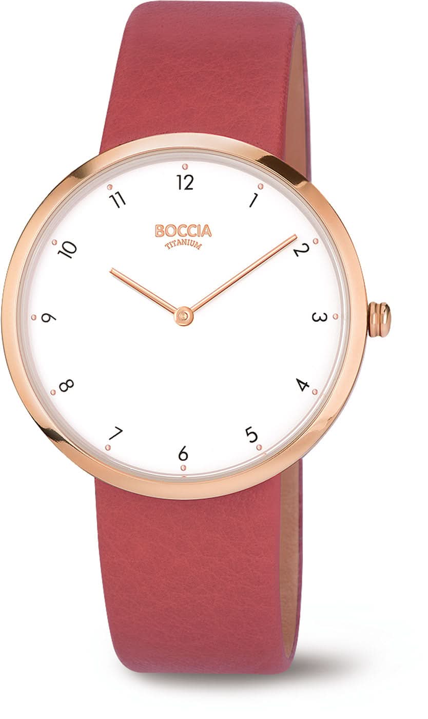 "Reloj de mujer con esfera blanca y caja en tono oro rosa, correa de piel roja"