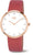 "Reloj de mujer con esfera blanca y caja en tono oro rosa, correa de piel roja"