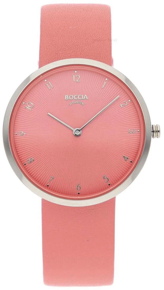 "Reloj de mujer Boccia con esfera rosa, correa rosa y caja redonda plateada"