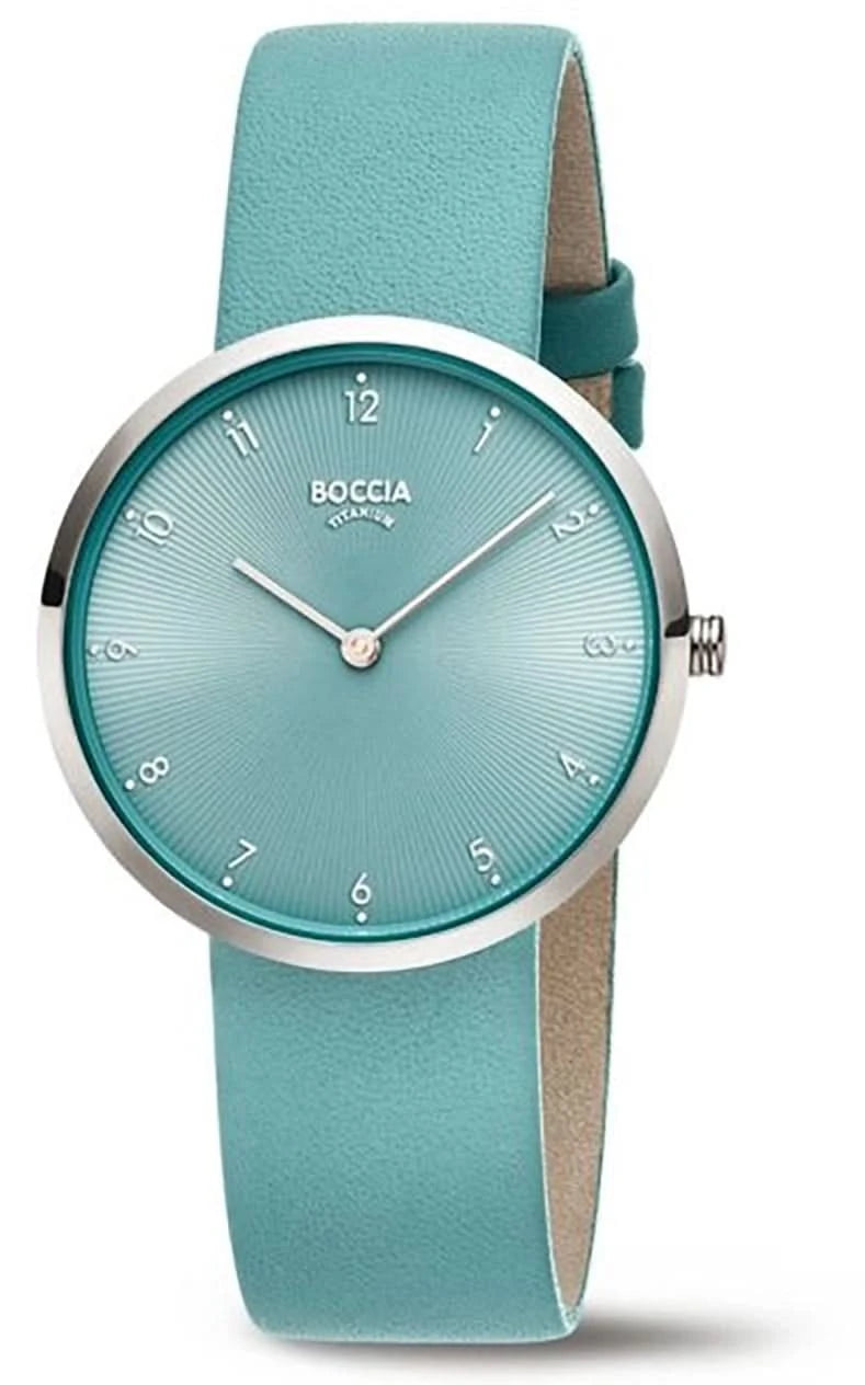 "Reloj de mujer con correa turquesa y esfera azul verdosa, bisel plateado"