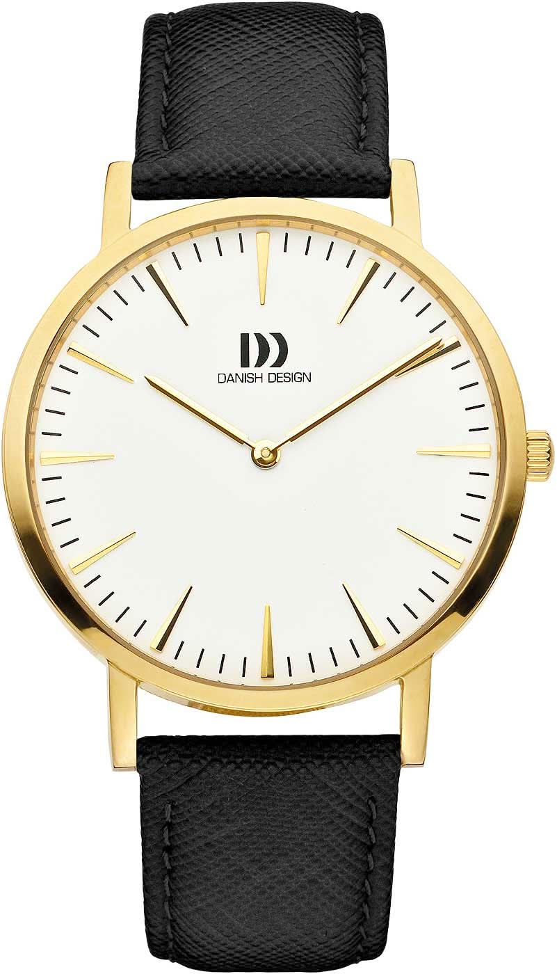 Pulsera de diseño danés para hombre con correa de cuero negra, caja dorada y esfera blanca