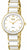 "Reloj de mujer con pulsera de metal dorado y esfera blanca, índices romanos, logo Boccia"