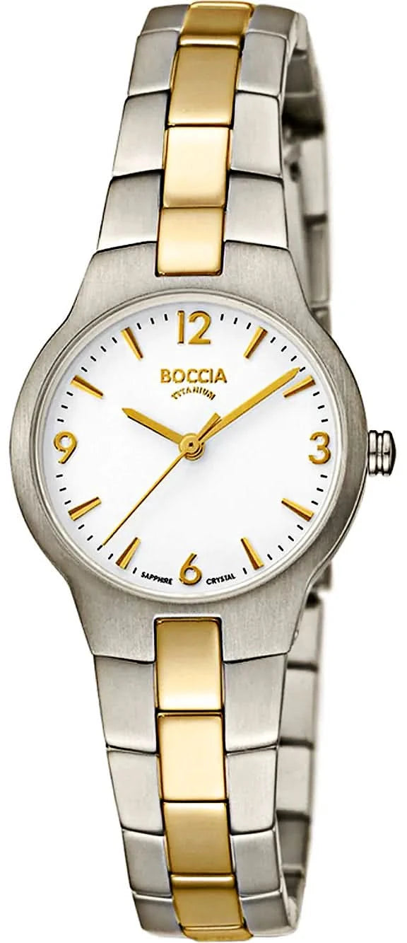 "Reloj de mujer con pulsera de metal bicolor y esfera blanca, agujas doradas"