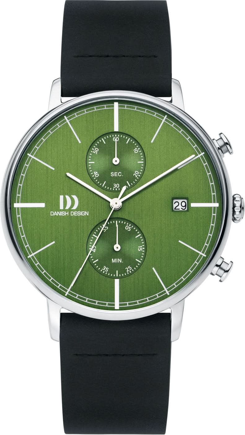 Pulsera de hombre con esfera verde, caja plateada y correa de cuero negra