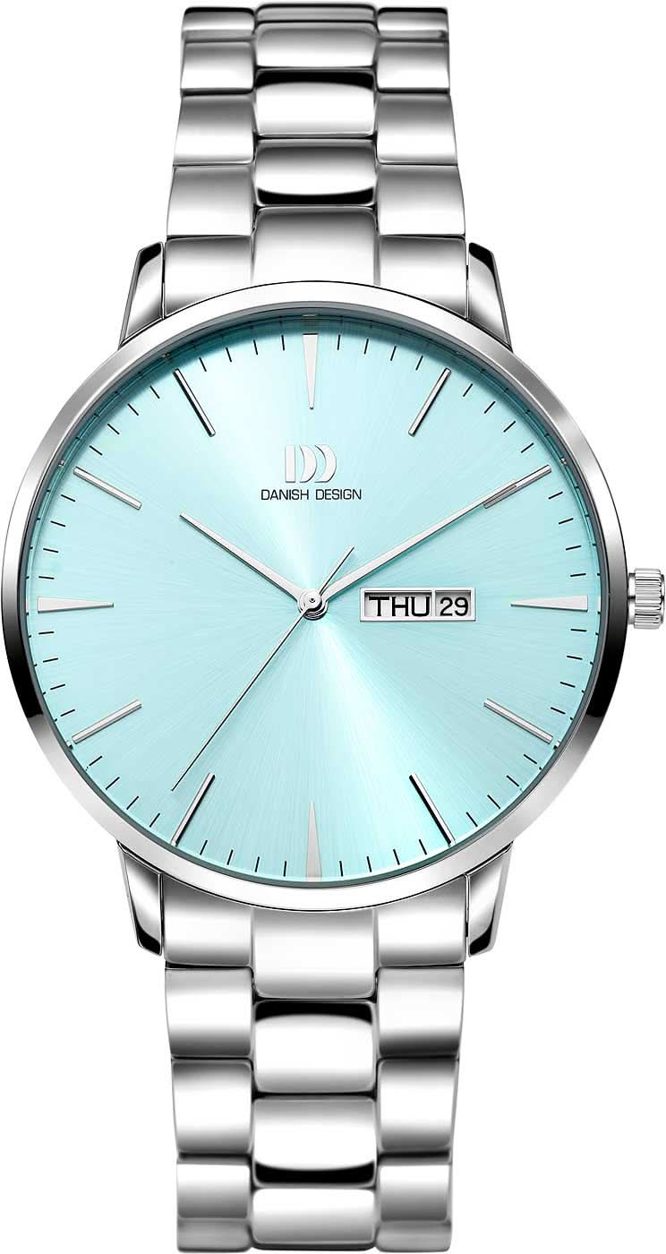 Pulsera de hombre con correa de metal plateado, esfera redonda azul claro, indicador de fecha JUE 29