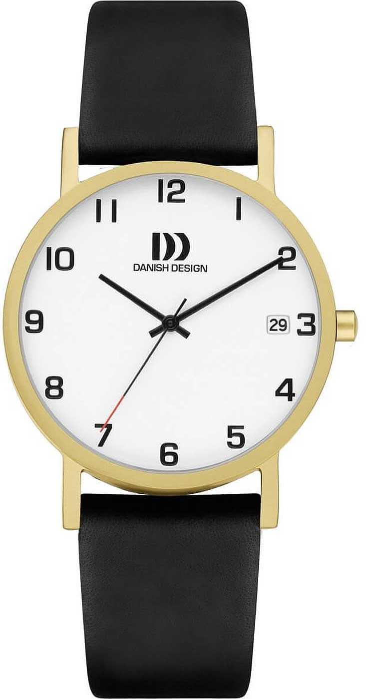 Reloj de hombre con correa de cuero negra, caja dorada y esfera blanca