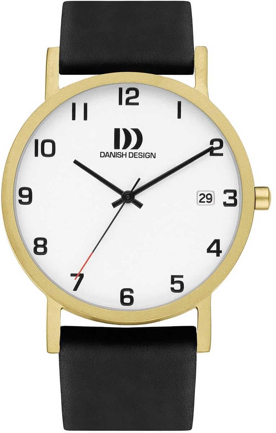 Pulsera de hombre con esfera blanca, caja de titanio dorada y correa de cuero negra