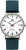 Reloj de hombre con esfera redonda plateada, manecillas negras y correa de cuero verde oscuro