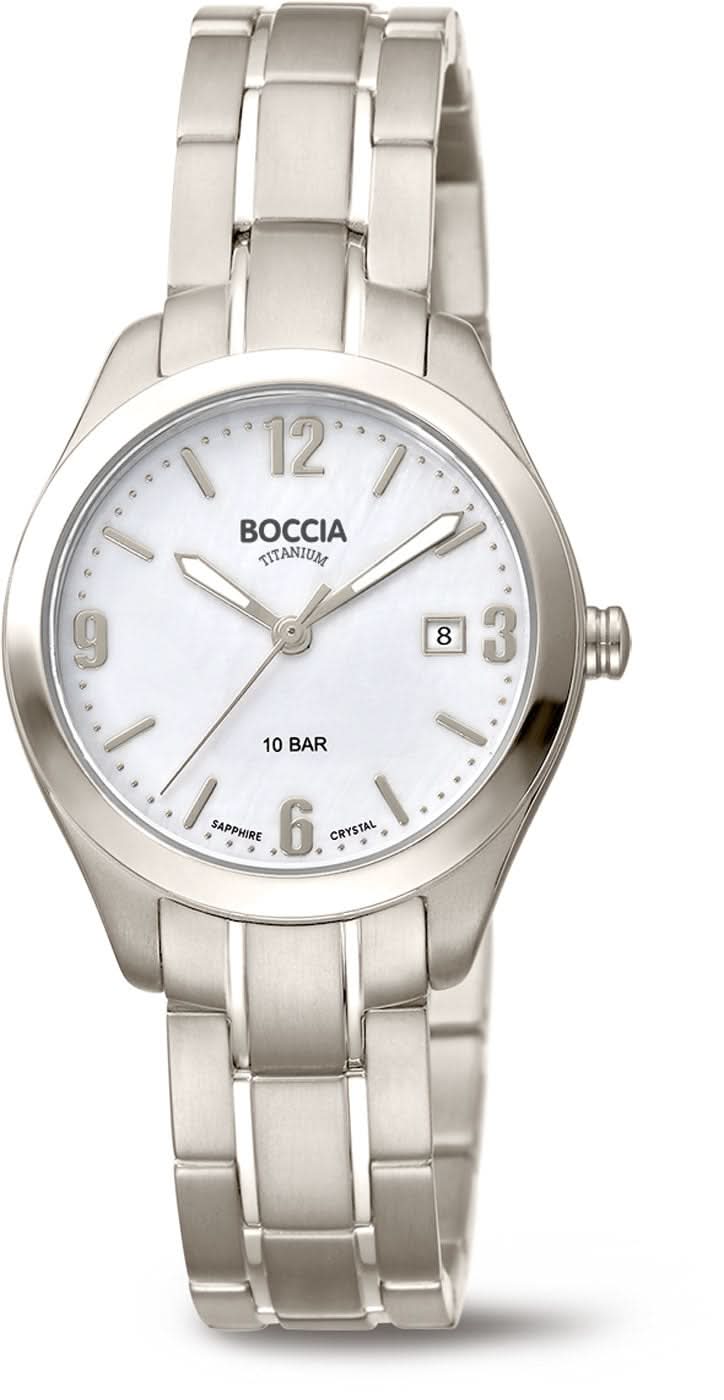Boccia - Reloj de mujer con pulsera de acero inoxidable, esfera analógica y bisel blanco