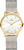 "Reloj de mujer con caja dorada, esfera blanca y pulsera bicolor de acero inoxidable"