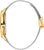 "Reloj de mujer vista lateral: caja dorada con corona y pulsera de acero inoxidable plateado"