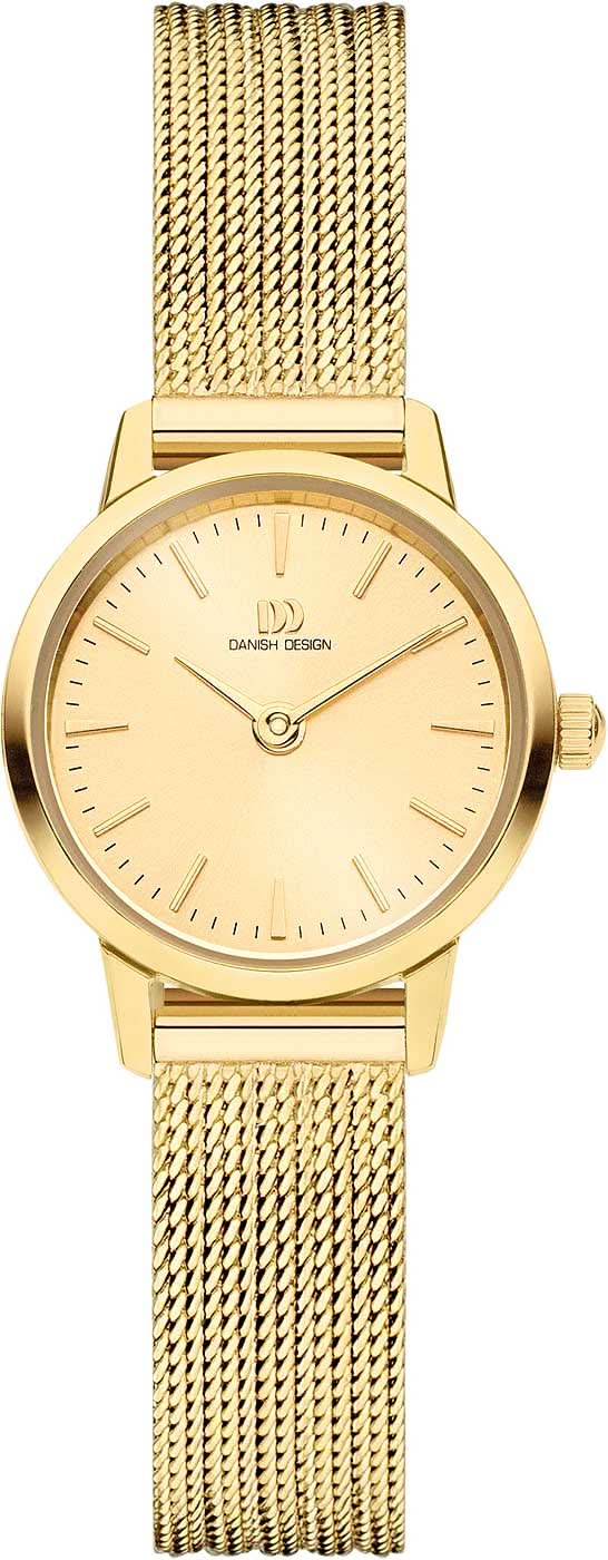 Reloj danés de diseño para mujer con caja redonda dorada y correa de malla metálica, esfera color crema
