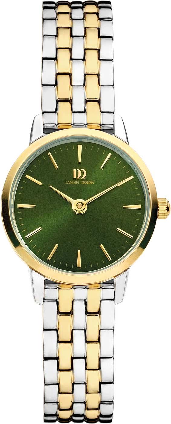 Reloj de mujer: esfera verde, pulsera de metal bicolor, caja redonda plana