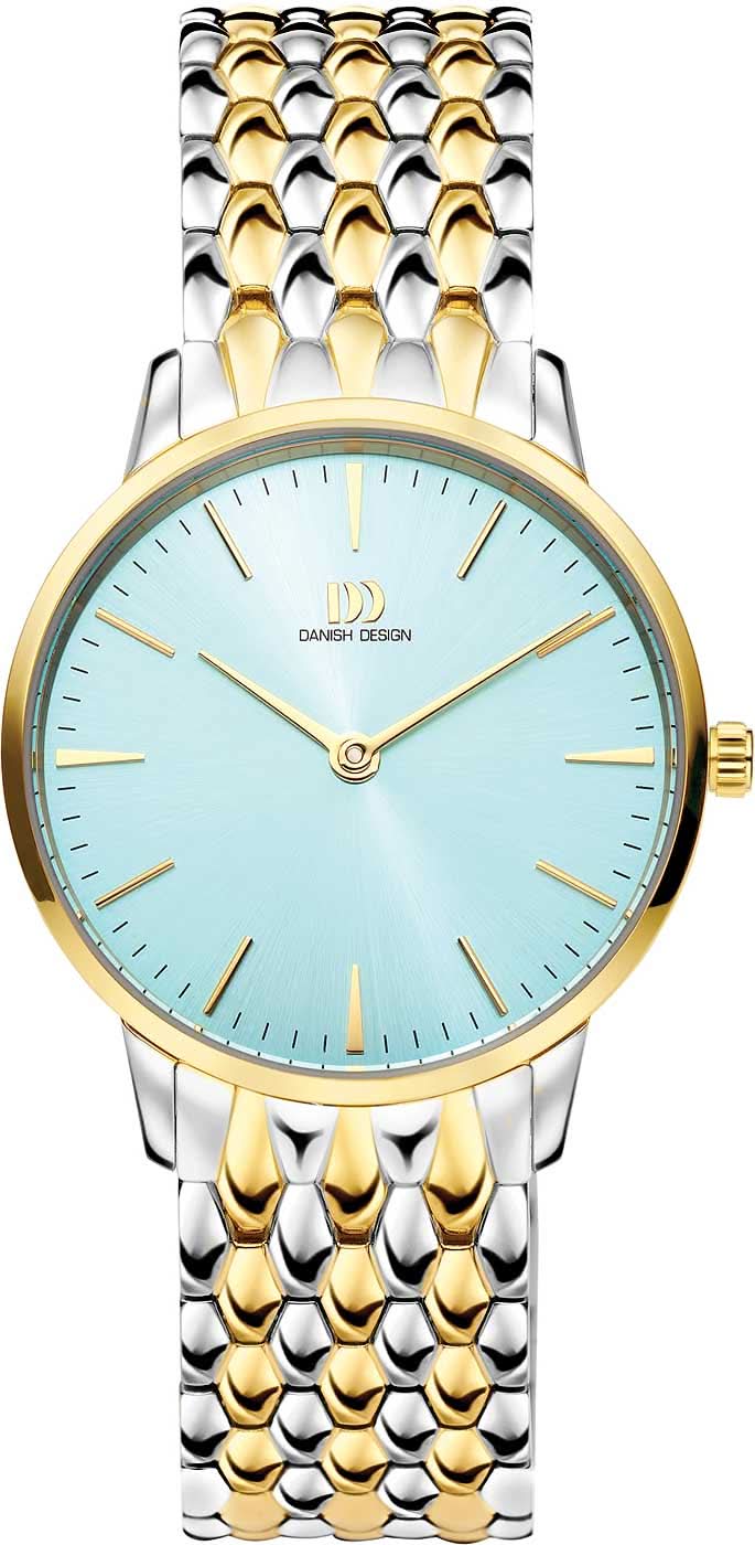 Reloj danés para mujer con esfera azul claro y cadena de pulsera de metal bicolor, oro/plata