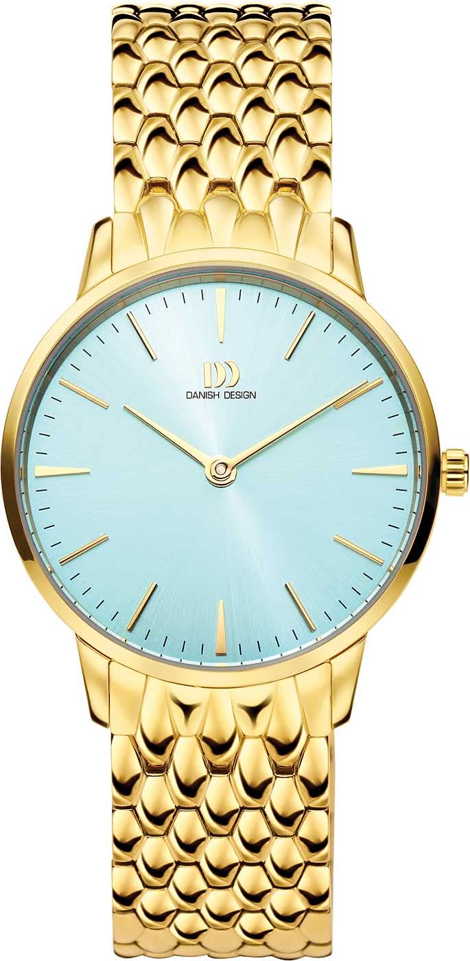 "Reloj de mujer con pulsera de acero inoxidable en tono dorado y esfera azul claro con índices de bastón"