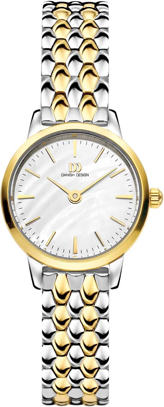 Reloj de mujer con pulsera de acero inoxidable plateado y detalles dorados, esfera redonda blanca