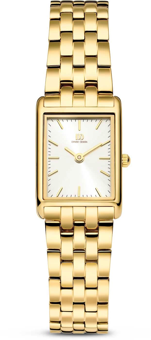 "Reloj de mujer con pulsera de acero inoxidable en tono dorado y caja rectangular, esfera blanca"