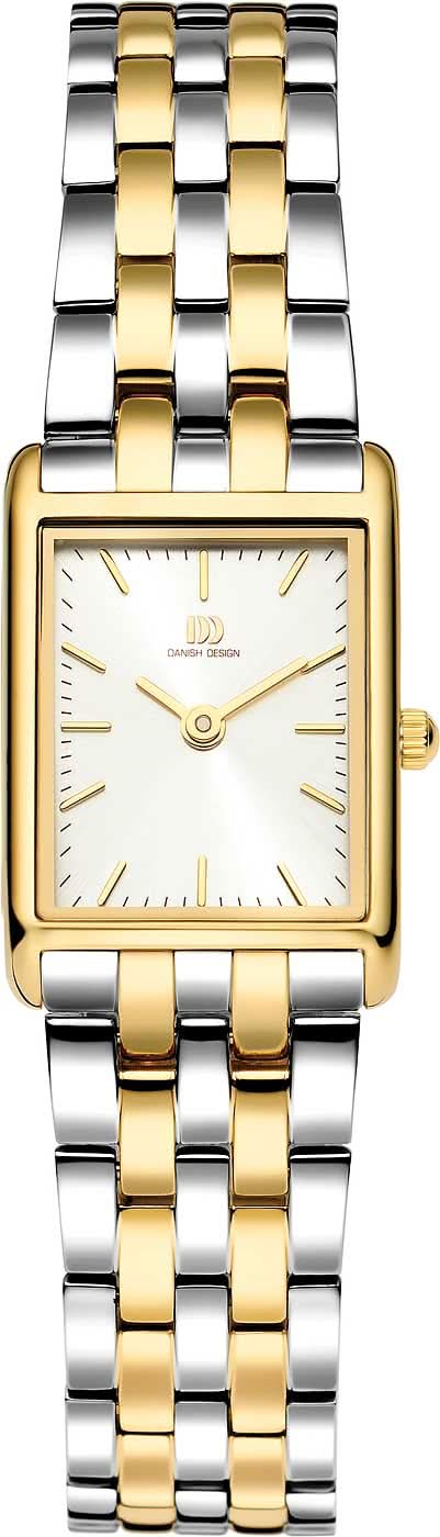 "Reloj de mujer con esfera rectangular, manecillas doradas y correa bicolor de acero inoxidable"