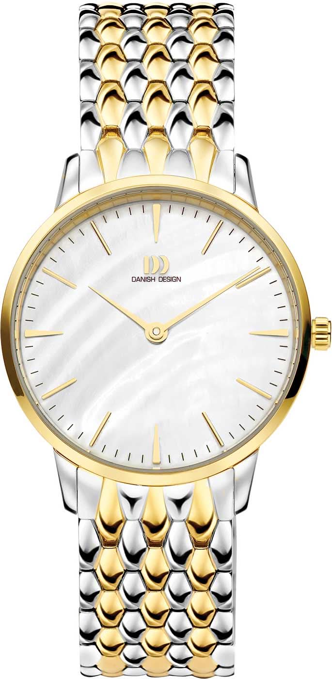 "Reloj de mujer Danish Design con esfera blanca, detalles dorados y correa de acero inoxidable."