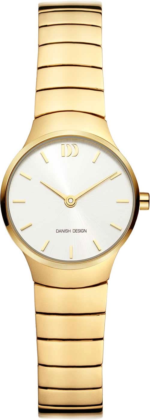 "Reloj de mujer con pulsera de metal dorado y esfera redonda; índices blancos, manecillas doradas"