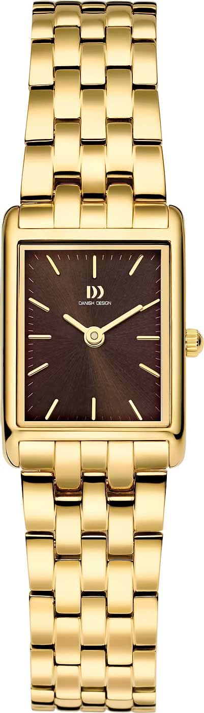 Reloj de mujer con esfera rectangular marrón y pulsera de metal dorada, índices de línea claros