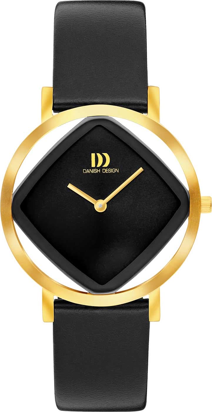 Reloj de mujer con correa de cuero negra, esfera negra y bisel dorado