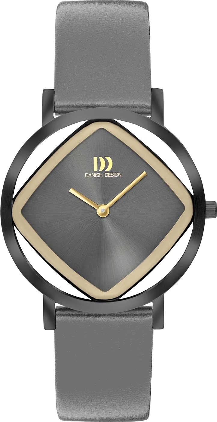 Reloj de mujer con correa de cuero gris, esfera negra y manecillas doradas