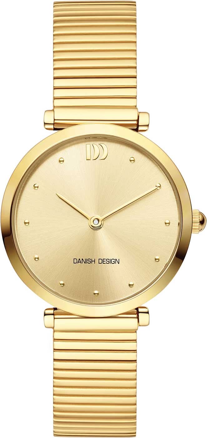 Reloj de mujer en tono dorado con esfera redonda y brazalete de metal, índices de barras, corona a la derecha