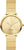 Reloj de mujer en tono dorado con esfera redonda y brazalete de metal, índices de barras, corona a la derecha