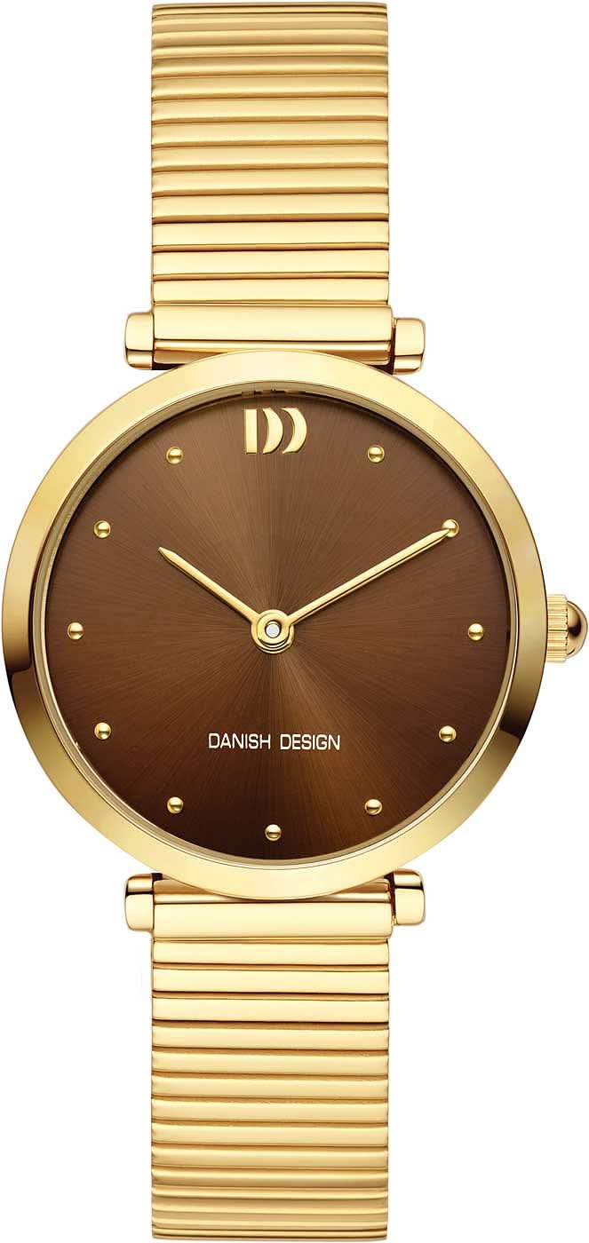 "Reloj de mujer con pulsera de metal dorado, esfera redonda marrón, índices de bastón y manecillas"
