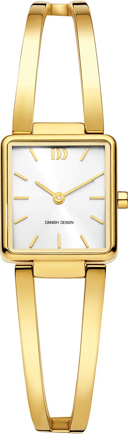 "Reloj de mujer con pulsera de metal dorado y esfera rectangular blanca, agujas finas"