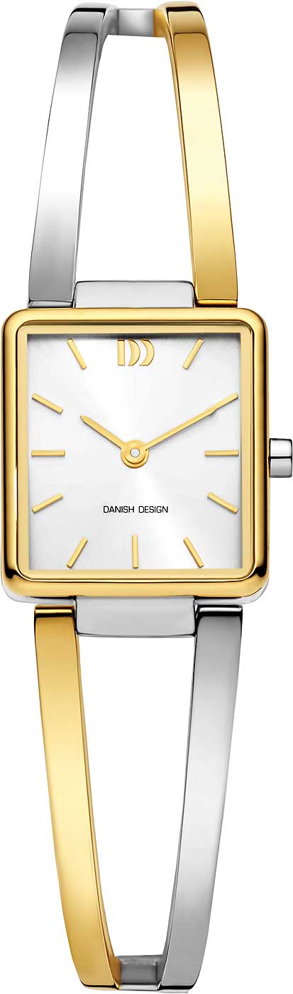 Reloj danés de diseño para mujer con correa de acero inoxidable plateado-dorado, caja dorada y esfera blanca