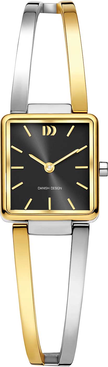 Reloj de mujer con esfera negra, manecillas doradas y pulsera de metal bicolor (plata/oro)