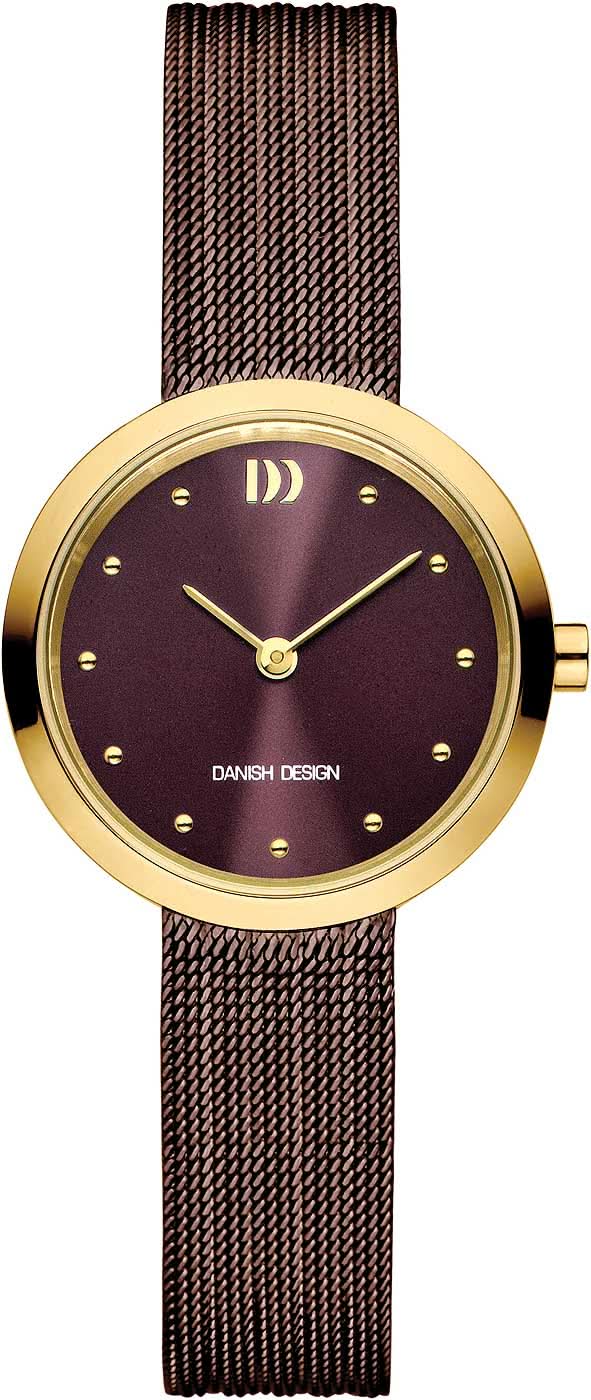 Reloj de mujer con correa de malla marrón y caja redonda dorada, esfera negra