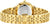 Pulsera de mujer con tapa trasera grabada y correa de acero inoxidable en tono dorado