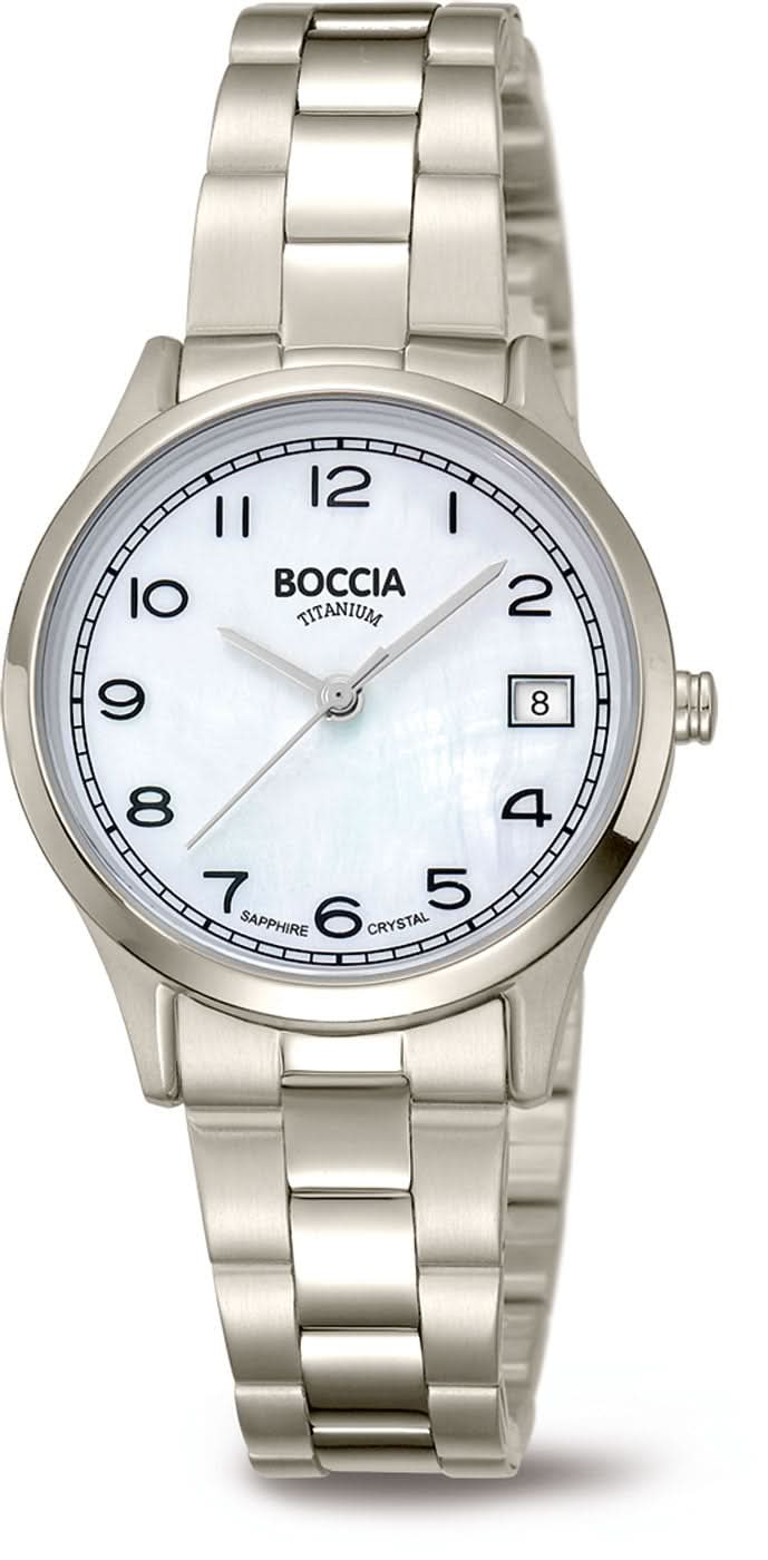 Boccia - Reloj de mujer con correa de metal plateado, esfera blanca y visualización de fecha