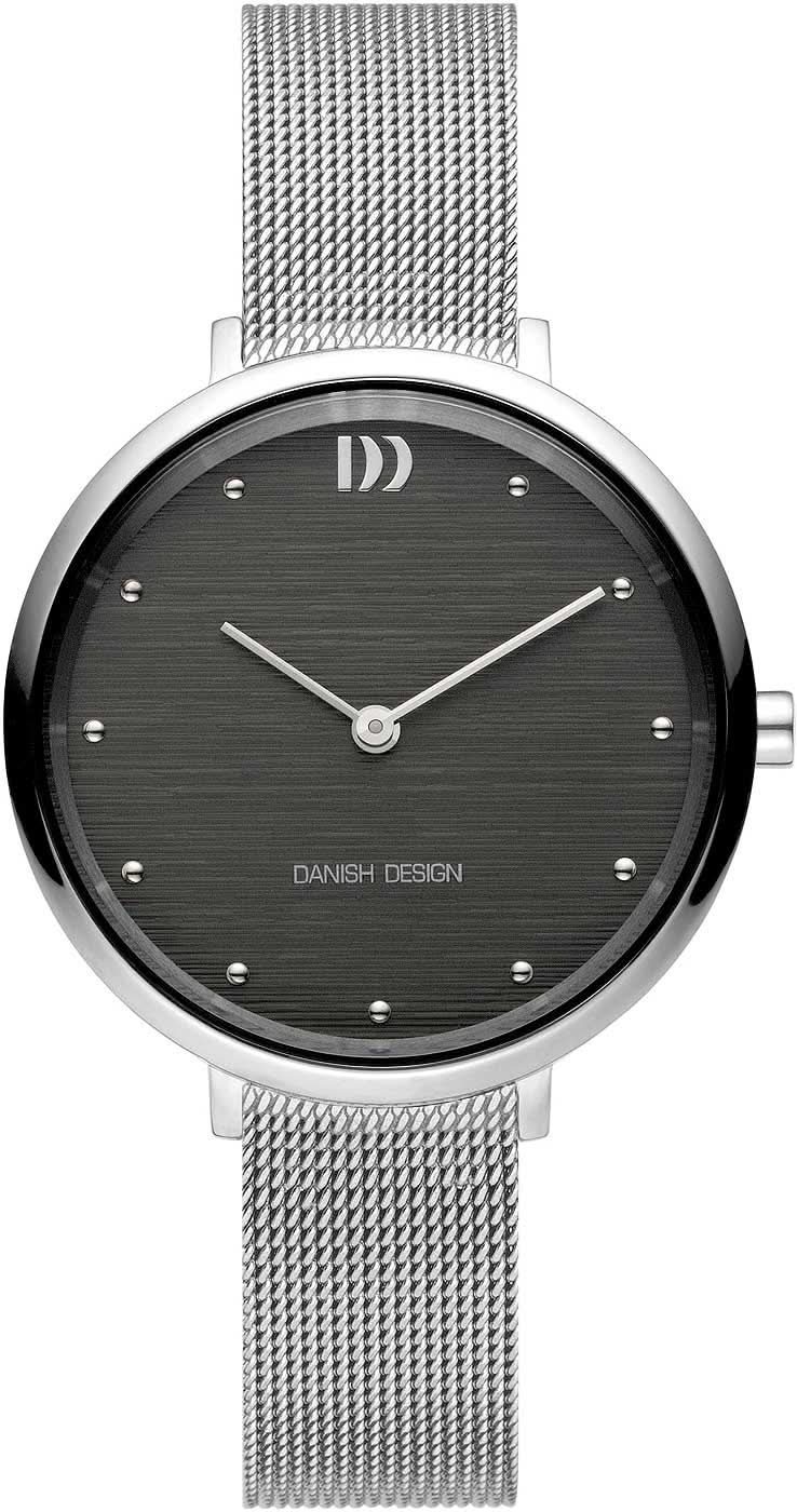 Reloj danés de diseño para mujer con esfera oscura, correa de malla metálica plateada y manecillas finas
